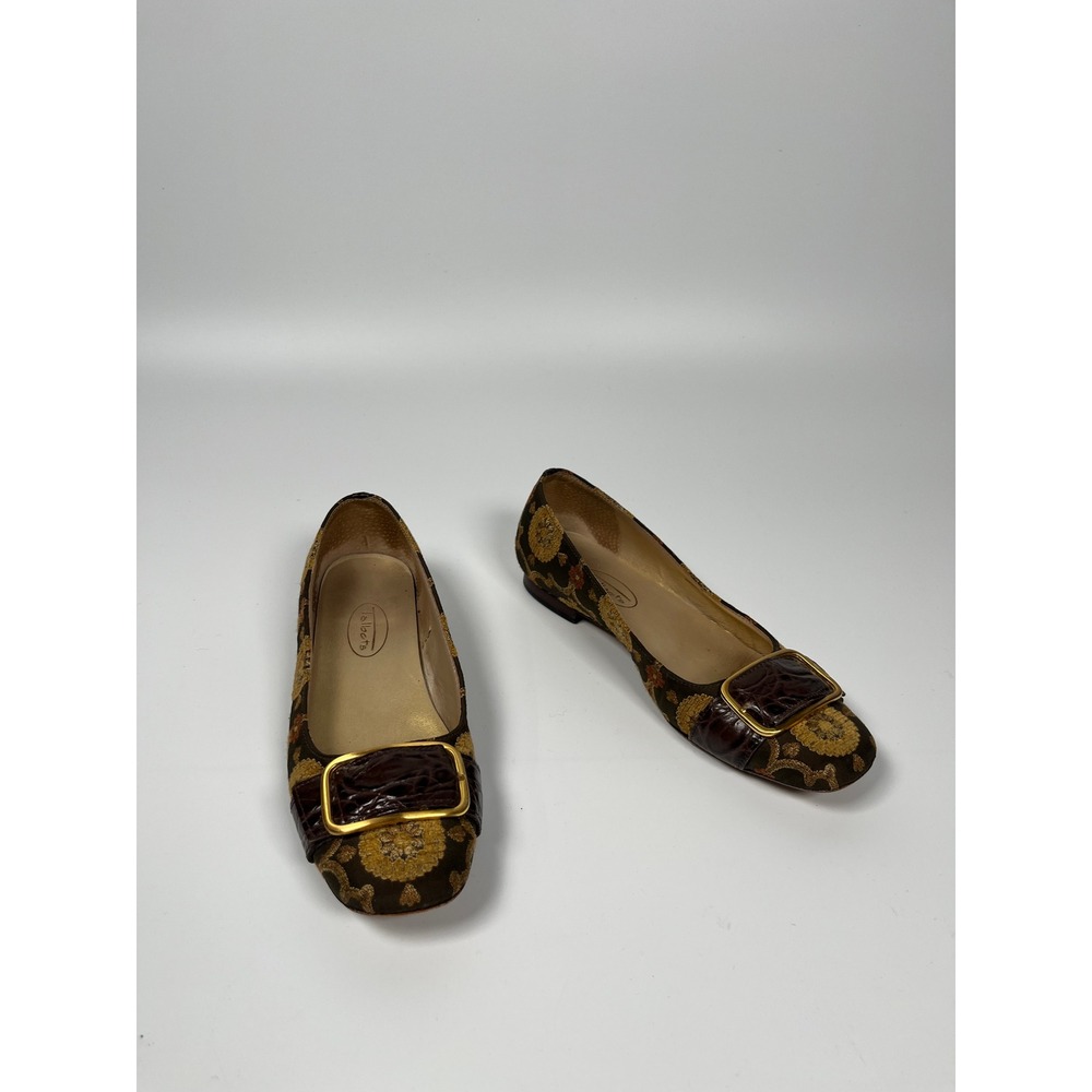 VTG Talbots Flats 5.5B Brown Tapestry Buckle Square Toe Retro Mod Preppy Chic